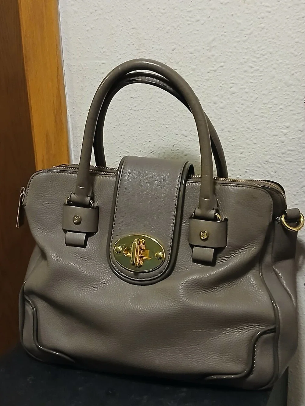 ​Antonio Melani Taupe Gray Pebble Leather Turnlock Satchel Bag Logo Lined